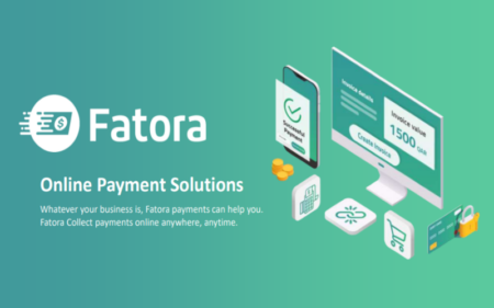A Featured Image of Fatora, which has a jade color background. The name of the tool is written in the center to the left side and on the right side, there are graphics of computer, mobile phone, debit card, coins and cart logo.