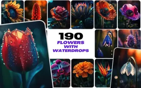 Feature Image of 190 Flowers With Droplets, the image is a collage of 13 mesmerizing and astonishing flowers, that are colorful and has water droplets all over them.