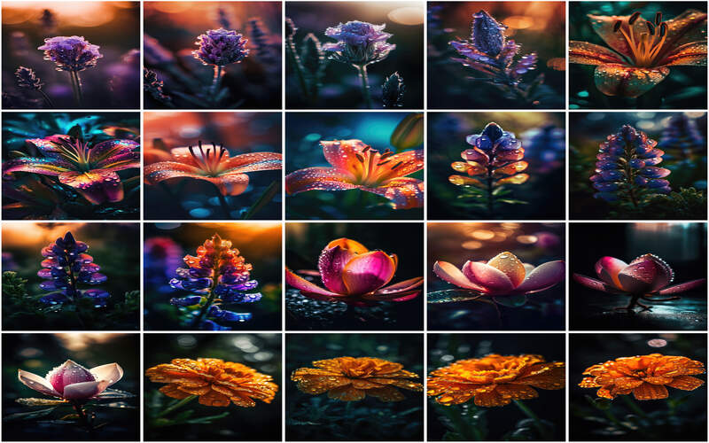 Floral Waterdrop Image Bundle: A Collage of Various Flowers