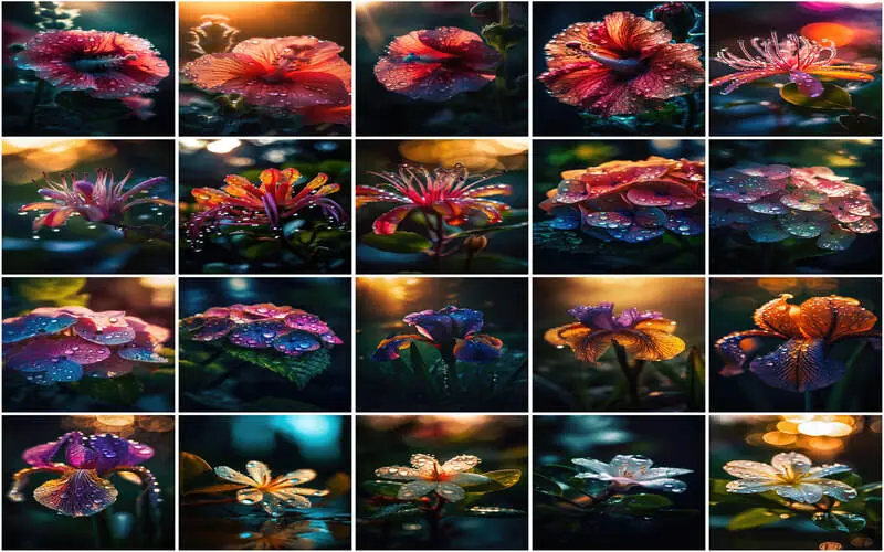 Collage of water drop flower Highlighting Beautiful Flowers