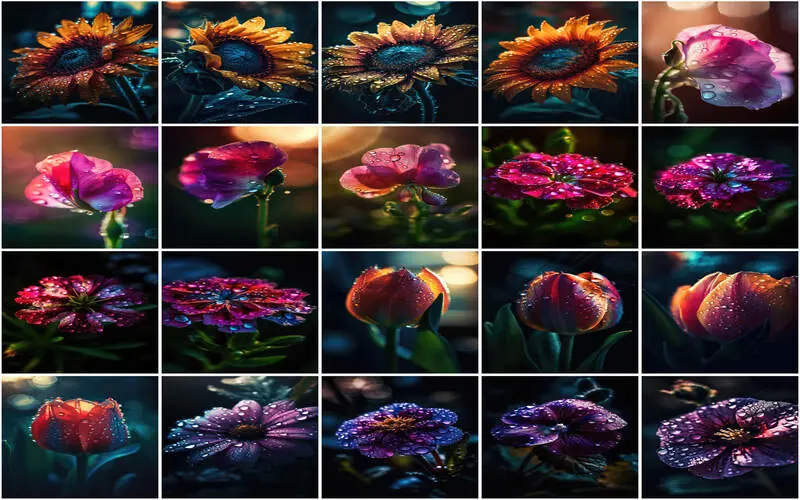 Variety of Flowers in Waterdrops: A Stunning Image Collage