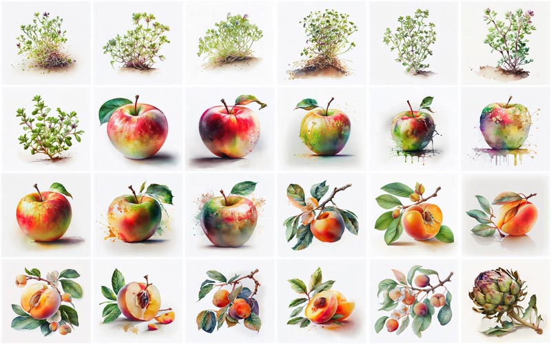A collage of 24 images consisting different types of fruits and vegetables illustrations like, Apples, Apricots and Artichoke.