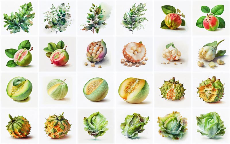 A collage of 24 images consisting different types of fruits and vegetables illustrations like, Horned Melon, Honeydew Melon, Hominy, Guava and Greens.