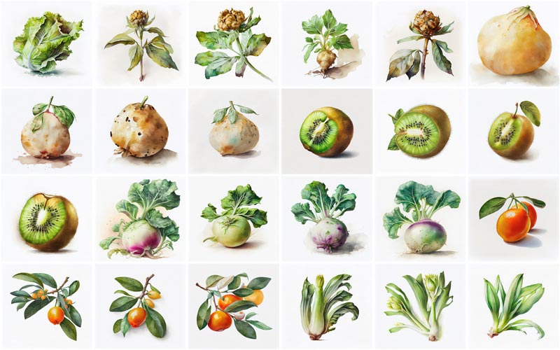 A collage of 24 images consists illustrations like, Kiwi, Kumquat, Jicama, Kohlrabi and Leeks.