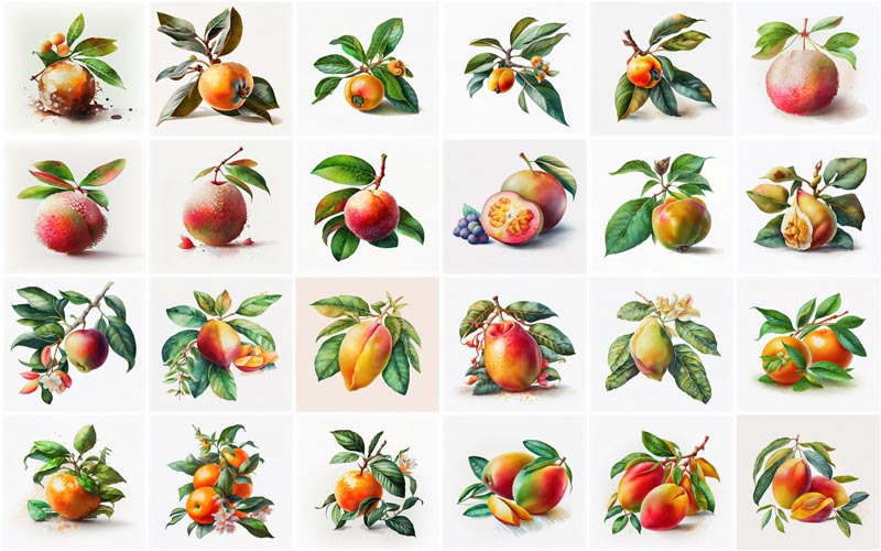 A collage of 24 images consisting different types of fruits and vegetables illustrations like, Madarin Fruit, Lychees, Malangas and Mangoes.