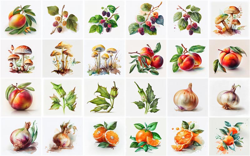 A collage of 24 images consists illustrations like, Mangoes, Mulberries, Mushrooms, Okra and Onions.