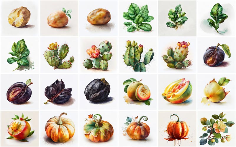A collage of 24 images consisting different types of fruits and vegetables illustrations like, Potatoes, Prickly Pear, Prunes, Pumpkins and Quince.