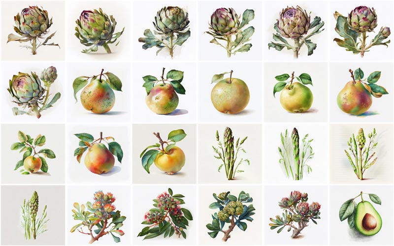 A collage of 24 images consisting different types of fruits and vegetables illustrations like, Artichoke, Pears, Avocado and Atemoya - fruit and vegetable graphics