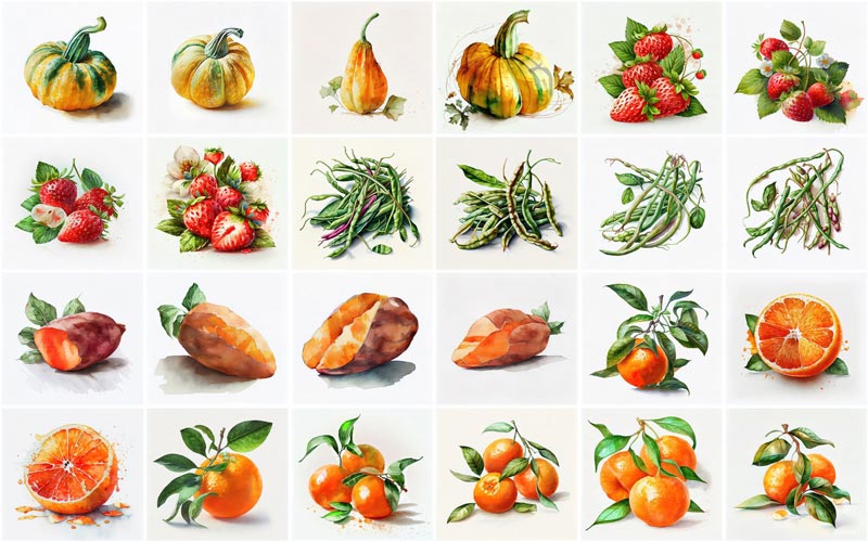A collage of 24 images consisting different types of fruits and vegetables illustrations like, Squash, Strawberries, String Beans, Sweet Potatoes and Tangerines.