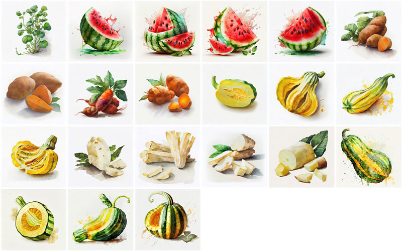 A collage of 24 images consists illustrations like, Watermelons, Yams, Yellow Squash, Yuca Cassava and Zucchini Squash.