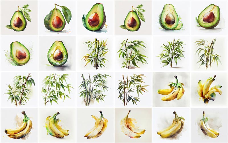 A collage of 24 images consisting different types of fruits and vegetables like, Avocados, Bananas and Bamboo Shoots.