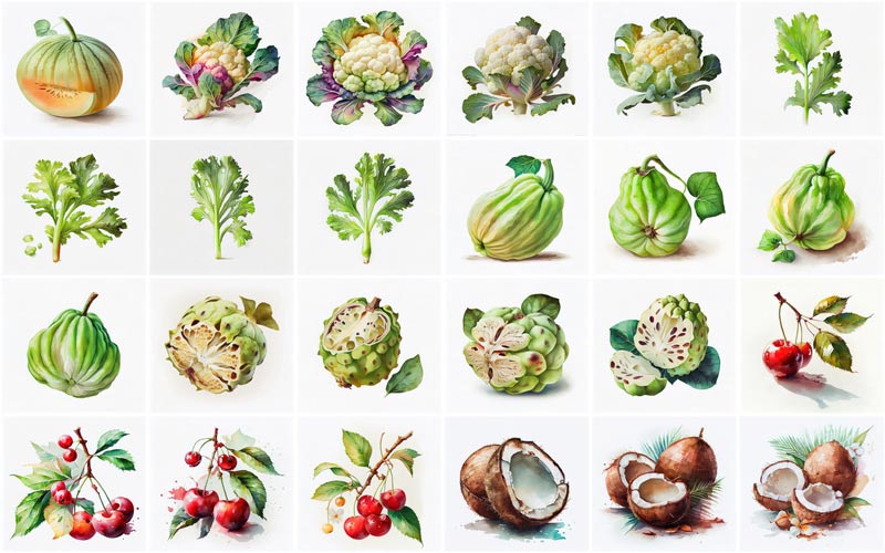 A collage of 24 images consisting different types of fruits and vegetables like, Broccoli, Cauliflower, Coconuts, Celery and Cherimoya.