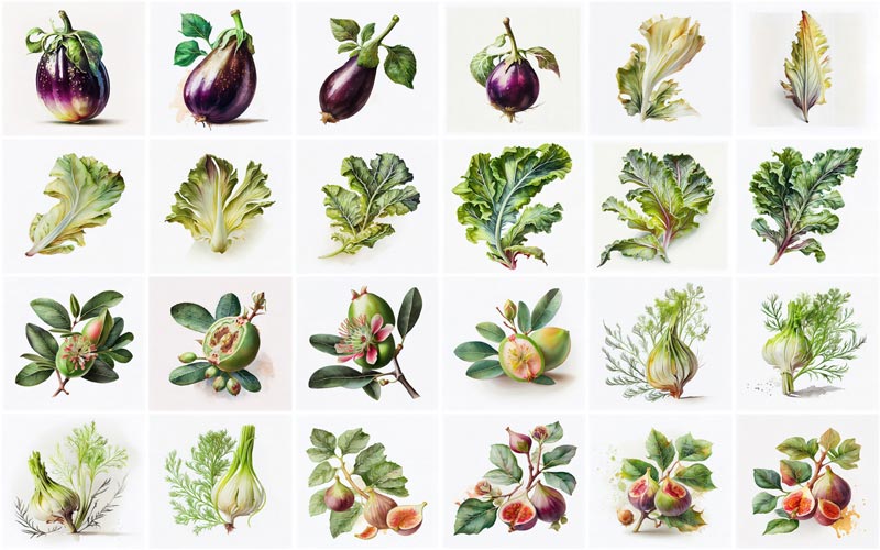 A collage of 24 images consisting different types of fruits and vegetables illustrations like, Eggplat, Fig, Feijoa and Escarole.