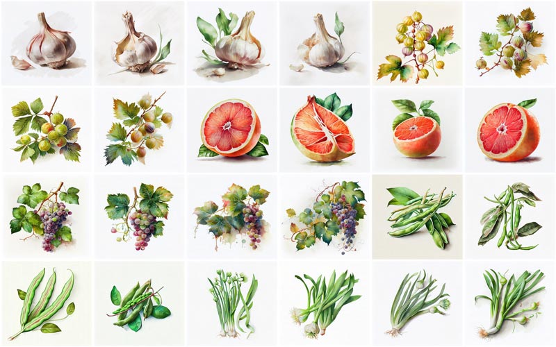 A collage of 24 images consists illustrations like, Garlic, Fennel, Grapefruit, Grapes Greens and Green Beans.