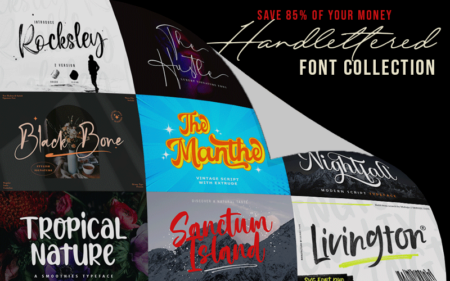 Feature Image of The Handlettered Font Collection, the image is a collage of 8 different fonts. There is a graphical representation of page-turn and to the top right hand side there is text which previews name and the price of the font bundle.