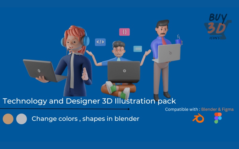 An image, three 3D character illustrations, one of them is a woman holding a laptop and wearing headphones, the other two are men, one of them is sitting and has a laptop on his lap and the other one is standing and holding a laptop in his hand and a coffee mug in the other hand.