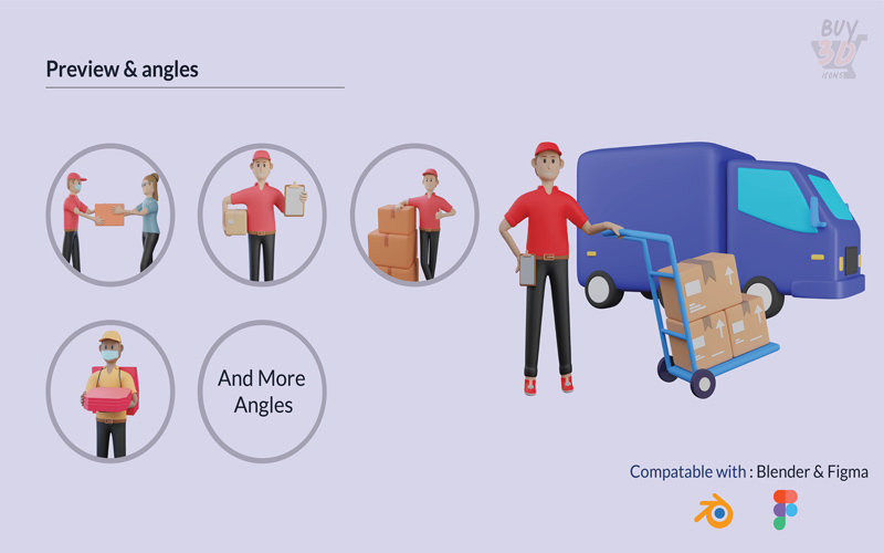 Image showing, 5 3D characters and a blue color truck in the background, which is under the feature of 3D Characters Illustration Bundle that is can be seen via different angles.