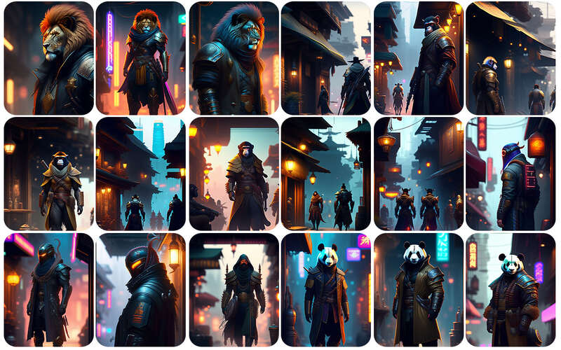 A collage of various cool animal illustrations in armor, such as elephants, rabbits, tigers, and hawks