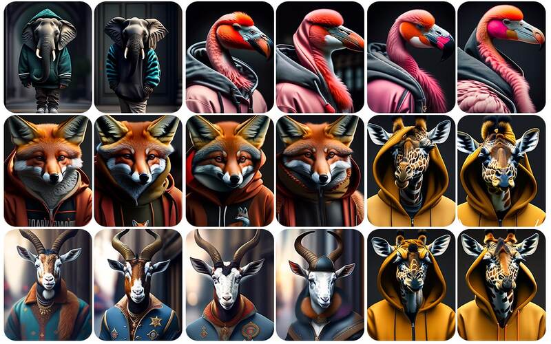 A collage of elephants, flamingos, fox, giraffes & goats.