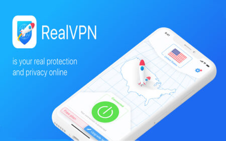 Feature Image of RealVPN. The image has graphic of a white color mobile phone on a sky blue color background, the mobile screen displays a map of USA and an option to the bottom of the phone to turn on the tool RealVPN.
