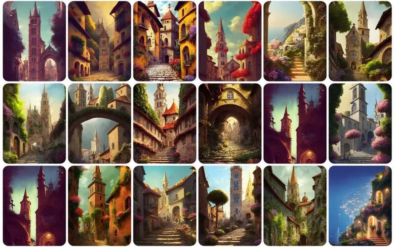 "A collection of Renaissance-style art pieces depicting historical scenes, portraits, and landscapes."