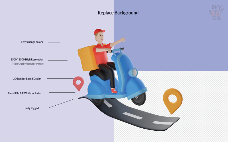 Image showing, a 3D character riding a scooter which is under the feature of 3D Characters Illustration Bundle that is to Replace Background.