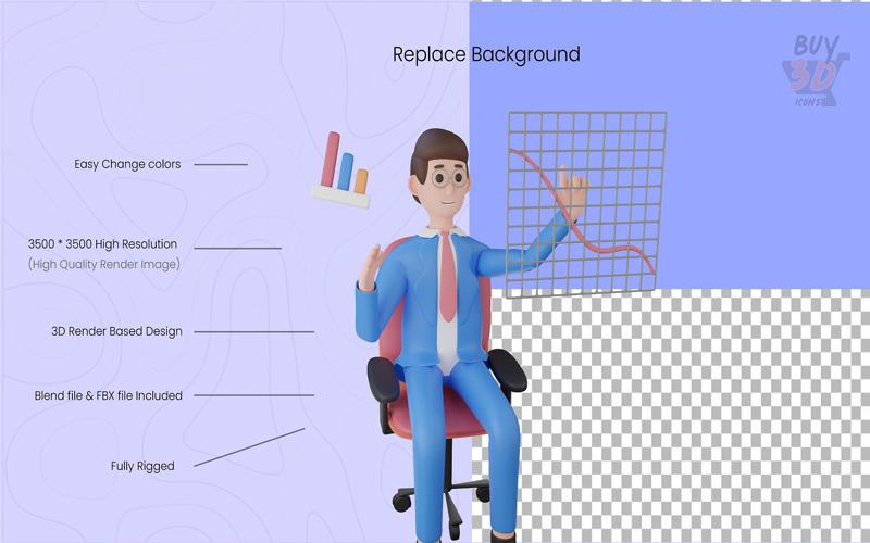 Image showing, a 3D character sitting on the chair and explaining a graph which is under the feature of 3D Characters Illustration Bundle that is to Replace Background.