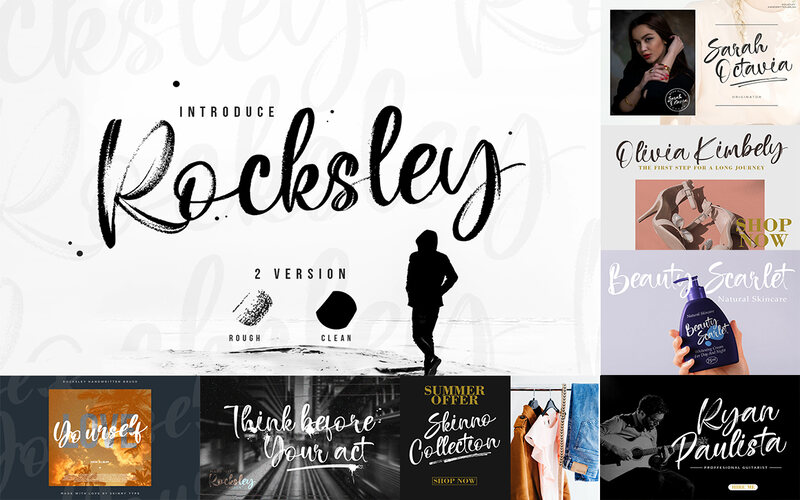 Rocksley font collection collage of various text, hand lettered fonts