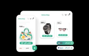A preview of the desktop tab made with Fatora - Customer management Tool which has a black watch and sunglasses. A mobile tab which has a ladies handbag that is available for 1500 QAR.