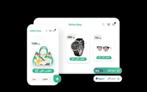 A preview of the desktop tab made with Fatora - Customer management Tool which has a black watch and sunglasses. A mobile tab which has a ladies handbag that is available for 1500 QAR.