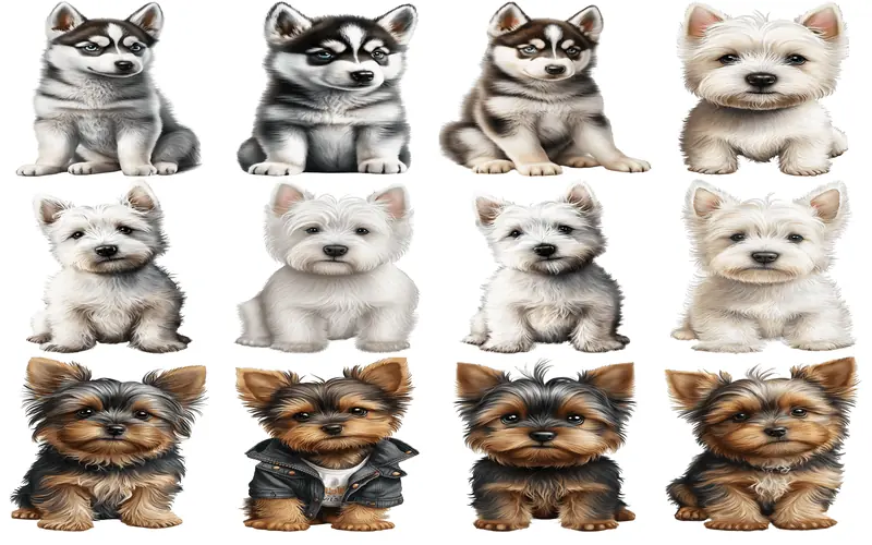 An animated collection featuring baby Dachshunds, Beagles, and Corgis, all depicted as playful and adorable puppies.