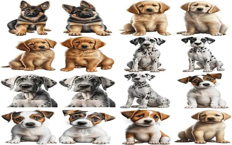 An animated collection featuring baby Dachshunds, Beagles, and Corgis, all depicted as playful and adorable puppies. - cute puppy transparent background