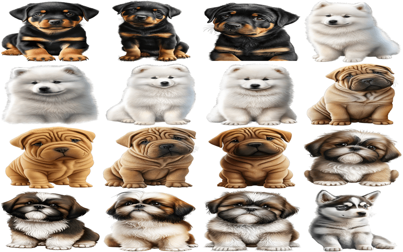 A collage of animated baby German Shepherds, Labrador Retrievers, and Pugs, showcasing their endearing puppy features