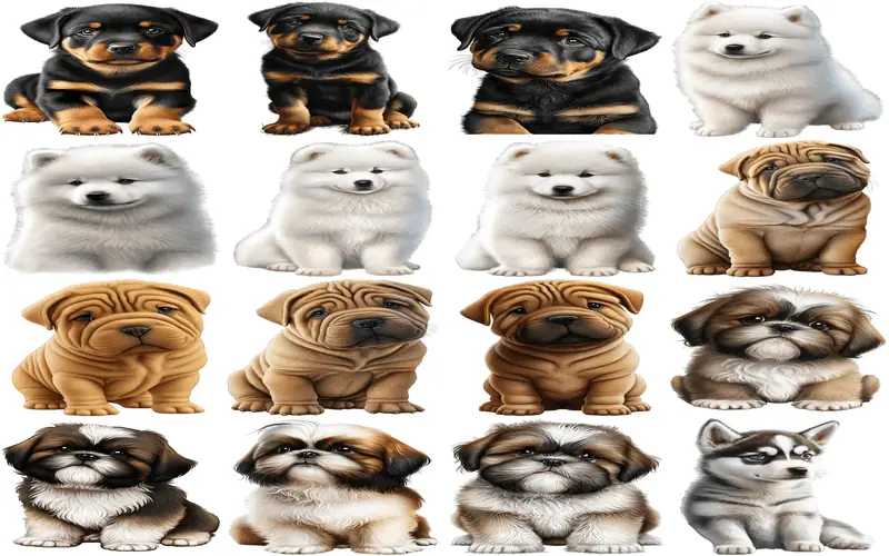A collage of animated baby German Shepherds, Labrador Retrievers, and Pugs, showcasing their endearing puppy features