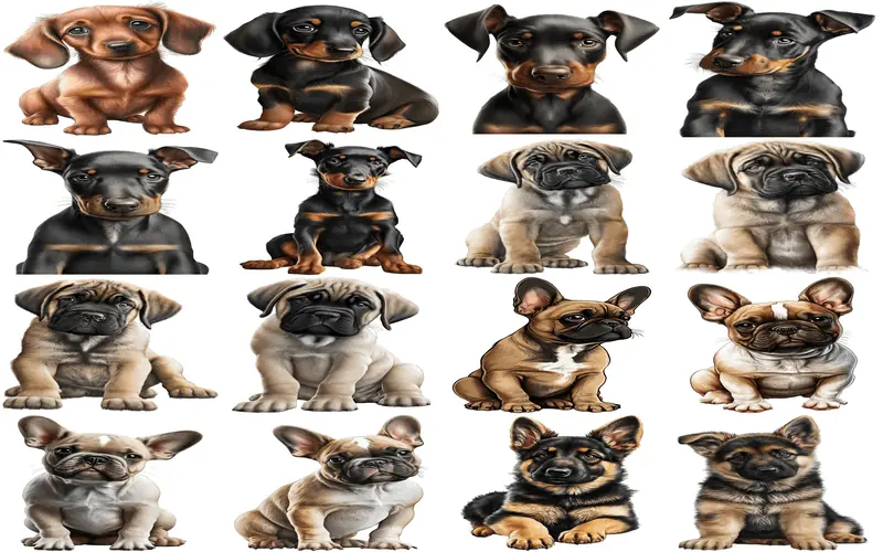 An animated collage of baby Shih Tzus, Border Collies, and Chihuahuas, each puppy shown in an irresistibly cute pose.