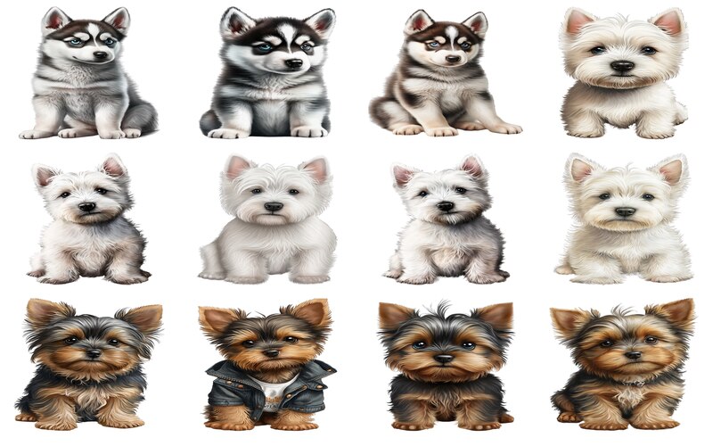 A vibrant collage of animated baby dogs, from tiny Chihuahuas to fluffy Golden Retrievers, each depicted as an adorable puppy - puppy clipart