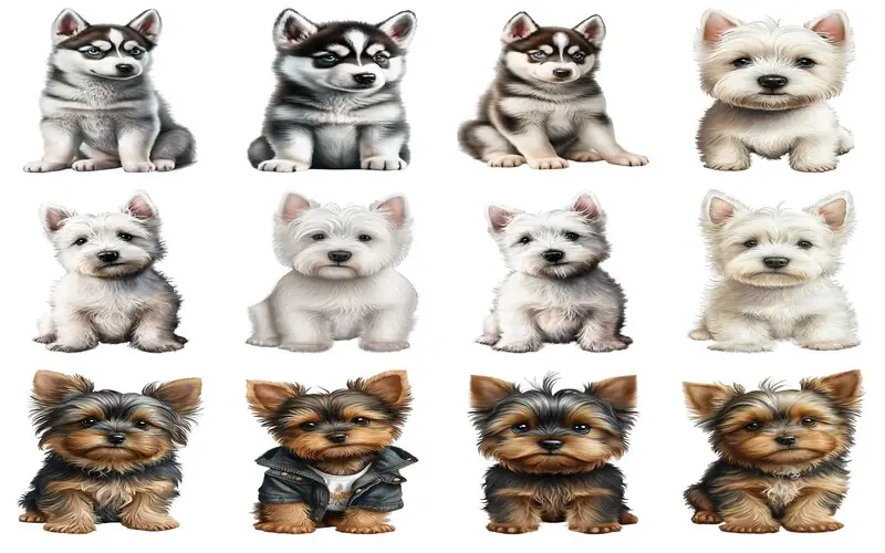 A collage of animated baby German Shepherds, Labrador Retrievers, and Pugs, showcasing their endearing puppy features