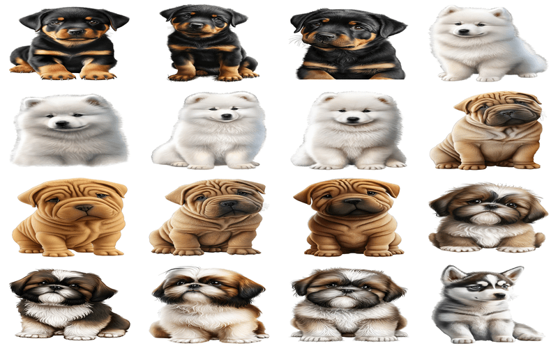 A collage of animated baby German Shepherds, Labrador Retrievers, and Pugs, showcasing their endearing puppy features