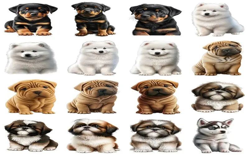 A collage of animated baby German Shepherds, Labrador Retrievers, and Pugs, showcasing their endearing puppy features