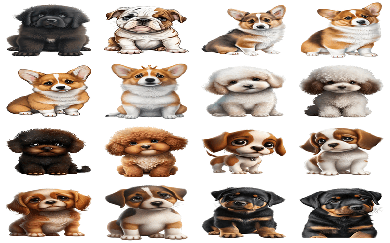An animated collage of baby Shih Tzus, Border Collies, and Chihuahuas, each puppy shown in an irresistibly cute pose.