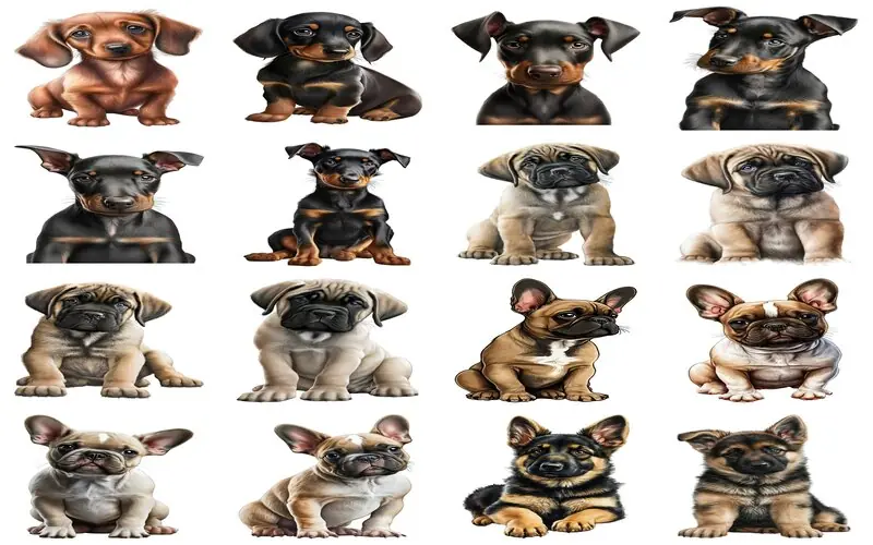 A collection of animated images featuring baby Huskies, Boxers, and Cavalier King Charles Spaniels, all as delightful puppies