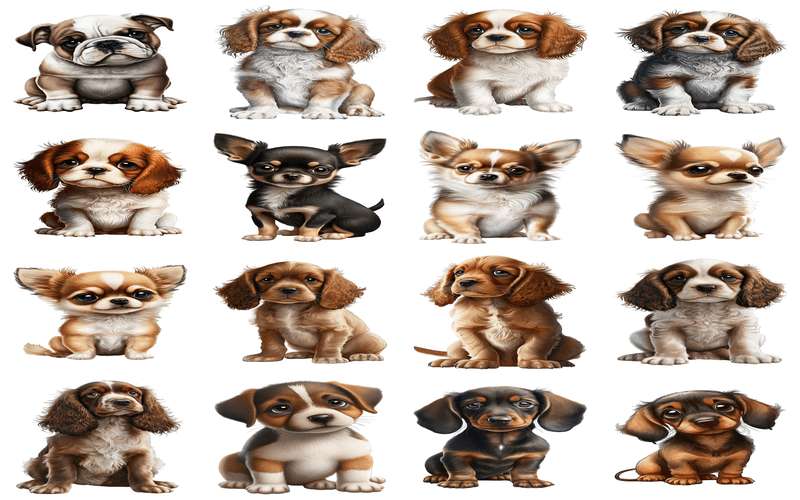 A collage of animated baby dogs from various breeds, featuring adorable puppies in playful poses 120 PNG Sublimation Puppies Transparent Preview Two - cute puppy transparent background