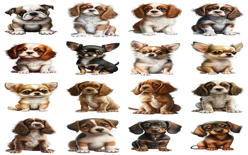 A collage of animated baby dogs from various breeds, featuring adorable puppies in playful poses 120 PNG Sublimation Puppies Transparent Preview Two - cute puppy transparent background