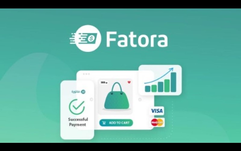 A Jade color background, which has 'Fatora' written in the center and 3 previews of its features, payment success preview tab, shopping cart preview tab and a graphical representation preview tab.