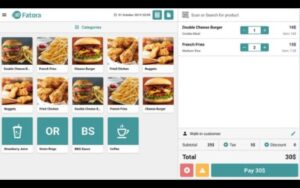 Check-out cart preview of the Fatora - Cashier POS System, which has categories of food on the left hand side and add to cart option on the right hand side.