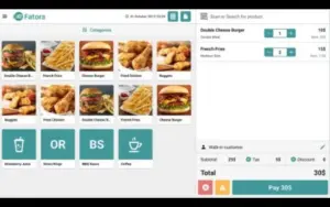 Check-out cart preview of the Fatora - Cashier POS System, which has categories of food on the left hand side and add to cart option on the right hand side.