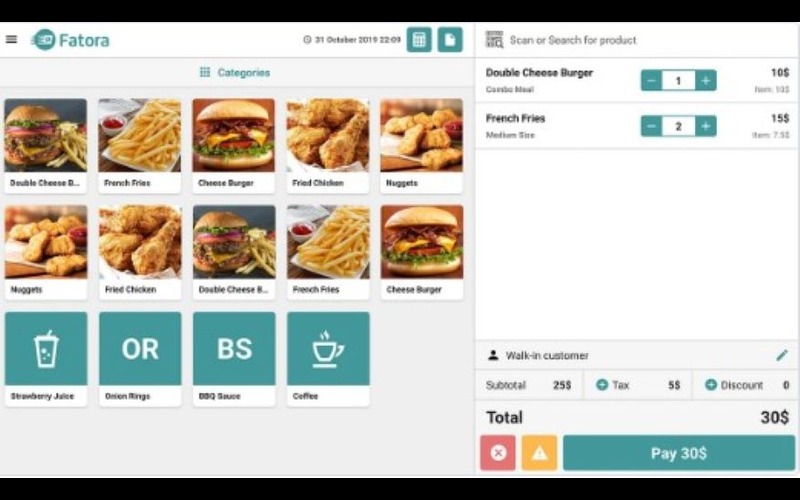 Check-out cart preview of the Fatora - Cashier POS System, which has categories of food on the left hand side and add to cart option on the right hand side.