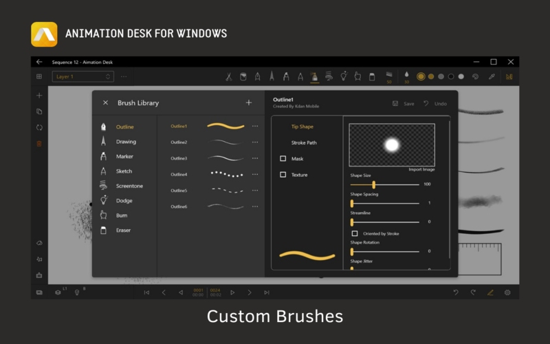 Custom Brushes available in Animation Desk