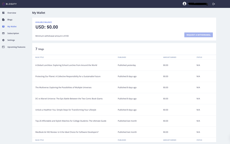 Blogify My wallet dashboard showcasing earnings from each blog