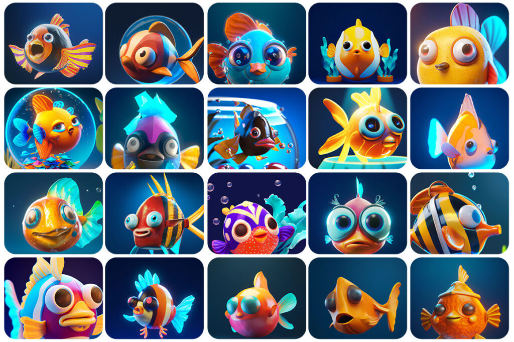 A collage of 20 Lovable Fish Images.